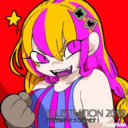 Rule 34 | 1girl, 2019, blonde hair, colored tongue, gloves, grey gloves, hair ornament, hand up, heart, highres, illustration.media, looking at viewer, multicolored hair, open mouth, panapana, portrait, purple eyes, purple hair, purple tongue, red background, signature, simple background, smile, solo, star (symbol), striped tank top, tank top, two-tone hair