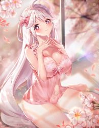 Rule 34 | 1girl, ahoge, babydoll, bare shoulders, blush, bow, breasts, character request, cherry blossoms, closed mouth, collarbone, commentary request, day, elsword, eyelashes, fingernails, fingers together, groin, hair bow, heart, heart-shaped pupils, highres, lens flare, long hair, looking at viewer, makeup, mascara, nail polish, navel, original, petals, pink bow, pink eyes, pink nails, polla, revision, sidelocks, silver hair, sitting, smile, solo, stomach, symbol-shaped pupils, very long hair, wariza, window
