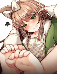 Rule 34 | 1girl, amoriro, animal ears, barefoot, borrowed character, bow, breasts, character request, collarbone, copyright request, eyelashes, feet, foot focus, foreshortening, green eyes, green jacket, hands on own head, hands up, highres, jacket, long sleeves, open clothes, open jacket, polka dot, polka dot shirt, puffy long sleeves, puffy sleeves, shirt, sidelocks, simple background, sitting, small breasts, soles, solo, squiggle, toe scrunch, toenails, toes, white background, white bow