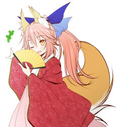 Rule 34 | +++, 1girl, ;d, aged down, animal ear fluff, animal ears, blue ribbon, blush, brown eyes, commentary request, fate/extra, fate (series), folding fan, fox ears, fox girl, fox tail, hair between eyes, hair ribbon, hakama, hakama skirt, hand fan, haryuu (poetto), highres, holding, holding fan, japanese clothes, kimono, long hair, long sleeves, looking at viewer, one eye closed, open clothes, open mouth, outstretched arm, pink hair, pink hakama, ponytail, ribbon, simple background, skirt, smile, solo, tail, tamamo (fate), tamamo no mae (fate/extra), white background, white kimono, wide sleeves