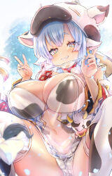 Rule 34 | 1girl, absurdres, animal ears, animal print, blue hair, blue nails, blush, breasts, catura (granblue fantasy), cow, cow ears, cow hat, cow print, detached sleeves, draph, earrings, gold earrings, granblue fantasy, grin, highres, huge breasts, jewelry, kamiya zuzu, looking at viewer, multicolored eyes, nail polish, navel, open fly, panties, petals, print thighhighs, see-through, see-through shirt, short shorts, shorts, smile, solo, thighhighs, underwear, v, white panties, white shorts
