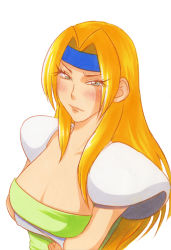 Rule 34 | 1990s (style), 1girl, armor, blonde hair, blush, breast hold, breasts, celes chere, cleavage, crossed arms, female focus, final fantasy, final fantasy vi, headband, izumi dari, large breasts, long hair, pauldrons, retro artstyle, shoulder armor, shoulder pads, simple background, solo, white background