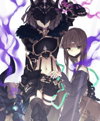 Rule 34 | 1boy, armor, belt, belt buckle, black gloves, blunt bangs, blunt ends, bob cut, brown hair, buckle, closed mouth, crop top, dual persona, fighting stance, fingerless gloves, fur trim, gloves, green eyes, gretel (sinoalice), holding, holding polearm, holding weapon, legband, long hair, long sleeves, looking at viewer, male focus, mask, mouth mask, navel, polearm, shirt, short hair, sidelocks, sigatu r, simple background, sinoalice, skirt, smile, smoke, surgical mask, suspender skirt, suspenders, t-shirt, tattoo, thighhighs, trap, weapon
