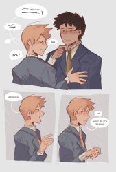 Rule 34 | 2boys, blonde hair, brown hair, buttoned cuffs, buttons, closed eyes, closed mouth, collared shirt, comic, commentary, english text, formal, grey background, highres, jacket, long sleeves, looking at another, male focus, mob psycho 100, mp100days, multiple boys, necktie, open mouth, rain, reigen arataka, serizawa katsuya, shirt, short hair, simple background, smile, speech bubble, suit, suit jacket, upper body