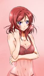 Rule 34 | 10s, 1girl, :o, bare shoulders, blush, bra, breast hold, breasts, cowboy shot, twirling hair, lingerie, looking at viewer, love live!, love live! school idol project, navel, negligee, nishikino maki, pink background, purple eyes, red bra, red hair, shogo (4274732), short hair, solo, underwear