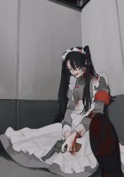 Rule 34 | 1girl, apron, bandages, black hair, blood, blood on face, blood stain, dress, closed eyes, finger on trigger, frilled apron, frills, grey dress, gun, handgun, highres, holding, holding gun, holding weapon, long hair, long sleeves, maid, maid apron, maid headdress, original, revolver, sitting, solo, tami moon, weapon