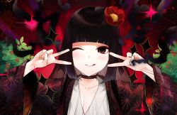 Rule 34 | 1girl, black eyes, black hair, choker, darkness, double v, emotional engine - full drive, emphasis lines, fate/grand order, fate (series), flower, hair flower, hair ornament, highres, japanese clothes, kimono, komahime (fate), long hair, one eye closed, reito6, sparkle, tongue, v