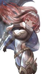 Rule 34 | 1girl, absurdres, belt, bodysuit, breasts, cape, cleavage, cleavage cutout, clothing cutout, facial mark, fire emblem, fire emblem engage, highres, large breasts, long hair, looking at viewer, netugen33, nintendo, red eyes, red hair, solo, star (symbol), white background, yunaka (fire emblem)