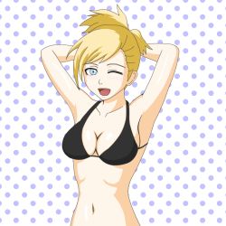 Rule 34 | 1girl, armpits, artist request, atlus, blonde hair, blue eyes, blush, breasts, cleavage, lisa silverman, looking at viewer, medium breasts, navel, one eye closed, open mouth, persona, persona 2, short hair, smile, solo, swimsuit, upper body, wink