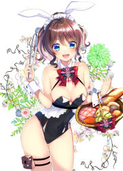 Rule 34 | 1girl, :d, animal ears, bang dream!, bare shoulders, basket, black leotard, blue eyes, blush, bow, bowtie, bread, bread bun, breasts, brooch, brown hair, clamps, cleavage, commentary request, covered navel, cowboy shot, detached collar, fake animal ears, floral background, food, frilled hairband, frills, gem, hairband, highleg, highleg leotard, highres, holster, jewelry, leaning forward, leotard, looking at viewer, maid headdress, medium breasts, medium hair, nail polish, open mouth, playboy bunny, rabbit ears, red bow, red bowtie, sidelocks, sleeveless, smile, solo, standing, strapless, strapless leotard, thigh holster, thigh strap, thighs, tsurugi hikaru, white background, wrist cuffs, yamabuki saya, yellow nails