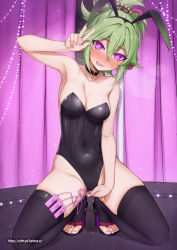 Rule 34 | 1girl, animal ears, arm up, armpits, artist name, between legs, black choker, black footwear, black hairband, black leotard, black thighhighs, blush, breasts, breath, choker, cleavage, closed mouth, collarbone, controller, covered navel, curtains, eyeliner, fake animal ears, fanbox username, feet, female focus, female masturbation, fingering, full body, genshin impact, gluteal fold, green hair, groin, hair between eyes, hair flaps, hair ornament, hairband, half-closed eyes, hand between legs, happy, heart, heart-shaped pupils, heart choker, high heels, highres, indoors, kneeling, kuki shinobu, leotard, licking lips, looking at viewer, makeup, masturbation, medium breasts, nose blush, object insertion, pink background, playboy bunny, pole, purple eyes, pussy juice, rabbit ears, red eyeliner, remote control, remote control vibrator, sex toy, shoes, short hair, sidelocks, skindentation, smile, solo, sparkle, spread legs, stage, strapless, strapless leotard, string of light bulbs, stripper pole, sweat, symbol-shaped pupils, thighhighs, thighs, toes, tongue, tongue out, topknot, vaginal, vaginal object insertion, vahn yourdoom, vibrator, vibrator cord, vibrator in thighhighs, vibrator under clothes, w, watermark, web address
