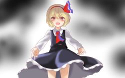 Rule 34 | 1girl, :d, blonde hair, blush, collared shirt, commentary, hair ribbon, hairband, incoming hug, long sleeves, looking at viewer, naughty face, one-hour drawing challenge, open mouth, red eyes, ribbon, rumia, shirt, short hair, skirt, skirt set, smile, solo, touhou, vest, you gonna get eaten, yururi nano