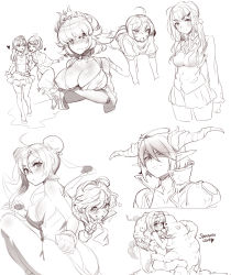 Rule 34 | 6+girls, ahoge, antenna hair, breasts, bun cover, character request, cleavage, collage, copyright request, crossed arms, double bun, fighting stance, goggles, goggles on head, greyscale, hair bun, hair ornament, hairclip, headdress, highres, horns, implied sex, large breasts, long hair, monochrome, monster, multiple girls, naso4, pointy ears, school uniform, shoggoth, short hair, sideboob, twintails, v