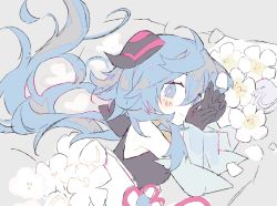 Rule 34 | 1girl, ahoge, black gloves, blanket, blue eyes, blue hair, blush, blush stickers, colored skin, commentary, detached sleeves, english commentary, flower, flower knot, ganyu (genshin impact), genshin impact, gloves, goat horns, grey background, hair between eyes, horns, long hair, looking at viewer, low ponytail, lying, melanbread, on side, own hands together, sketch, smile, solo, white flower, white skin