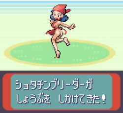 Rule 34 | 1girl, apron, ass, barefoot, black eyes, black hair, blue background, breasts, creatures (company), from behind, game freak, grass, green background, head scarf, leg up, looking at viewer, looking back, medium breasts, multicolored background, naked apron, nintendo, open mouth, pixel art, pokemon, pokemon breeder (pokemon), pokemon rse, red apron, saiwai hiroshi, short hair, smile, standing, standing on one leg, striped, striped background, white background