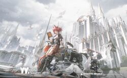Rule 34 | 1girl, ambience synesthesia, arknights, bird, book, boots, car, castle, fiammetta (arknights), full body, gloves, highres, motor vehicle, novelance, pigeon, red hair