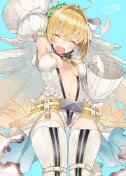 Rule 34 | 10s, 1girl, :d, ^ ^, ahoge, arm strap, arm up, armpits, bad id, bad twitter id, bare shoulders, belt, belt skirt, blonde hair, blue background, blush, bodysuit, bow, breasts, breasts apart, bridal veil, buckle, center opening, chain, cleavage, clenched hand, closed eyes, commentary request, cowboy shot, detached collar, detached sleeves, eyebrows, fate/extra, fate/extra ccc, fate/grand order, fate (series), flower, from below, full-length zipper, garter straps, gloves, groin, hair between eyes, hair bow, hair flower, hair intakes, hair ornament, hand up, happy, head tilt, head wreath, high heels, highres, kou mashiro, lace, leg lift, leotard, lock, medium breasts, navel, nero claudius (bride) (fate), nero claudius (bride) (second ascension) (fate), nero claudius (fate), nero claudius (fate) (all), open clothes, open mouth, padlock, puffy detached sleeves, puffy sleeves, short hair, showgirl skirt, signature, simple background, skirt, smile, solo, sparkle, standing, strapless, strapless leotard, thigh strap, thighhighs, torn clothes, torn skirt, unzipped, veil, white bodysuit, white bow, white gloves, white leotard, white skirt, white thighhighs, wide sleeves, zipper