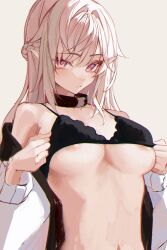 Rule 34 | 1girl, absurdres, bare shoulders, black bra, black collar, blush, bra, breasts, character request, collar, collarbone, copyright request, highres, jacket, light brown hair, long hair, long sleeves, looking at viewer, medium breasts, mole, mole under eye, naokomama, navel, nipple slip, nipples, off shoulder, open clothes, open jacket, parted lips, pink eyes, pointy ears, sidelocks, simple background, solo, stomach, teeth, underwear, undressing, upper body, white background, white jacket