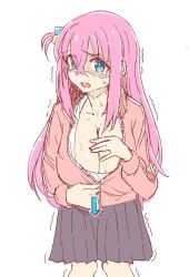 Rule 34 | 1girl, blue eyes, blush, bocchi the rock!, breasts, cleavage, collarbone, cube hair ornament, gotoh hitori, hair ornament, jacket, kin-san (sasuraiga), large breasts, long hair, looking at viewer, open mouth, pink hair, shirt, simple background, sketch, skirt, solo, sweat, tears, track jacket, trembling, undressing, white background, white shirt
