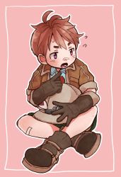 Rule 34 | 1boy, absurdres, bandaged knees, bandaid, bandaid on face, bandaid on nose, brown gloves, brown hair, brown jacket, commentary request, flying sweatdrops, gloves, highres, indian style, jacket, made in abyss, male focus, open mouth, pink background, purple eyes, simple background, sitting, solo, usuki (usukine1go)