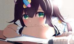 Rule 34 | 1girl, blush, crossed arms, green eyes, hanamori healthy, highres, long hair, looking at viewer, makoto (bk69and7), melty+, paper, pen, portrait, simple background, smile, solo, syringe, table, virtual youtuber