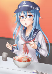 Rule 34 | 1girl, anti (untea9), blue eyes, blue hair, blue hat, blue sailor collar, blush, bowl, chopsticks, commentary request, couch, cup, eating, food, gradient background, hair between eyes, hat, hibiki (kancolle), highres, holding, kantai collection, long sleeves, looking at viewer, neckerchief, noodles, open mouth, peaked cap, pepper shaker, ramen, red background, red neckerchief, sailor collar, salt shaker, school uniform, serafuku, sitting, solo, soup, soy sauce, spoon, uniform, upper body, water