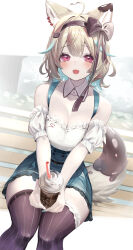 Rule 34 | 1girl, absurdres, ahoge, amakami konomi, animal ears, asymmetrical legwear, blush, bow, bow hairband, breasts, brown bow, brown hair, brown thighhighs, chocolate drip, chocolate hair ornament, colored inner hair, commission, cup, detached collar, drinking straw, earrings, frilled shirt, frilled skirt, frilled sleeves, frills, green hair, green nails, green skirt, hairband, heart, heart ahoge, heart earrings, highres, holding, holding cup, indie virtual youtuber, jewelry, large breasts, multicolored hair, nail polish, nametarou (meron), off-shoulder shirt, off shoulder, open mouth, red eyes, shirt, sitting, skeb commission, skirt, solo, striped clothes, striped thighhighs, suspender skirt, suspenders, tail, thighhighs, vertical-striped clothes, vertical-striped thighhighs, virtual youtuber, white shirt