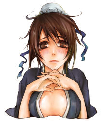 1girl black_kimono bleach blue_ribbon blush breasts brown_eyes brown_hair cleavage cropped_torso female_focus hair_between_eyes hair_ribbon hinamori_momo japanese_clothes kimono looking_at_viewer medium_breasts mokichi0804 open_clothes open_kimono open_mouth own_hands_together ribbon short_hair simple_background solo upper_body white_background