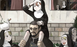 Rule 34 | 1boy, 6+girls, absurdres, animal, animal on head, bird, blonde hair, blue eyes, brick wall, bug, carrying, chicken, clumsy nun (diva), cross, cross necklace, diva (hyxpk), duck, father (diva), freckles nun (diva), froggy nun (diva), glasses, glasses nun (diva), habit, handprint, highres, insect, jewelry, ladybug, laughing, little nuns (diva), long hair, long sleeves, mole, mole under eye, multiple girls, necklace, nun, on head, open mouth, pancake nun (diva), paper airplane, priest, red hair, revision, short hair, shoulder carry, slap mark, smile, spicy nun (diva), strict nun (diva), sunglasses, traditional nun, veil, wall, window