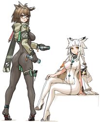 Rule 34 | 2girls, alternate costume, alternate hair length, alternate hairstyle, arknights, armband, ass, bodysuit, breast cutout, bright pupils, brown hair, covered erect nipples, crossed legs, crotch cutout, drawfag, from behind, full body, hand on own leg, high heels, holding, infection monitor (arknights), invisible chair, jacket, jacket on shoulders, looking at viewer, medium hair, multiple girls, orange eyes, ptilopsis (arknights), ptilopsis (elite ii) (arknights), rhine lab logo, round eyewear, short hair, shrug (clothing), silence (arknights), simple background, sitting, standing, syringe, tiptoes, turning around, white hair, white pupils