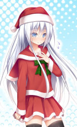 Rule 34 | 10s, 1girl, black thighhighs, blue eyes, blush, capelet, cowboy shot, halftone, halftone background, hand on own chest, haryuu (poetto), hat, hibiki (kancolle), highres, kantai collection, long hair, looking at viewer, santa costume, santa hat, silver hair, skirt, solo, thighhighs, very long hair
