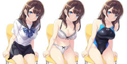 Rule 34 | 1girl, bare shoulders, black skirt, blue eyes, blush, bow, bow bra, bow panties, bowtie, bra, breasts, brown hair, chair, cleavage, collarbone, competition swimsuit, covered navel, eyebrows, from above, hair ornament, hairclip, highres, long hair, looking at viewer, medium breasts, miniskirt, multiple views, nagayori, navel, one-piece swimsuit, original, panties, pleated skirt, polka dot, polka dot bra, polka dot panties, school uniform, serafuku, shiny clothes, shiny skin, short sleeves, sideboob, simple background, sitting, skin tight, skirt, smile, swimsuit, thighs, underwear, underwear only, variations, white background, white bra, white panties