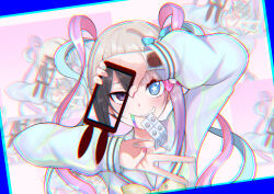 1girl ame-chan_(needy_girl_overdose) bandages black_hair blonde_hair blood bloody_bandages blue_eyes blue_hair blue_nails bow cellphone cellphone_photo chouzetsusaikawa_tenshi-chan chromatic_aberration drugs dual_persona grin hair_bow hair_ornament hairclip highres mekakuri_(otacon250) mouth_hold multicolored_hair nail_polish needy_girl_overdose phone pill pink_hair pink_nails purple_eyes quad_tails sailor_collar school_uniform serafuku smile solo star-shaped_pupils star_(symbol) symbol-shaped_pupils upper_body v