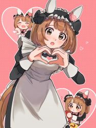 Rule 34 | 1girl, alternate costume, animal ears, black dress, blush, bottle, broom, brown eyes, brown hair, commentary request, dress, ear covers, enmaided, ewa (ewa0310), food, frilled dress, frills, hands on own chest, hat, heart, heart hands, holding, holding bottle, horse ears, horse girl, horse tail, juliet sleeves, ketchup, ketchup bottle, long sleeves, looking at viewer, maid, maid headdress, medium hair, multiple views, omelet, omurice, pink background, puffy sleeves, simple background, tail, umamusume, white background, yukino bijin (umamusume)