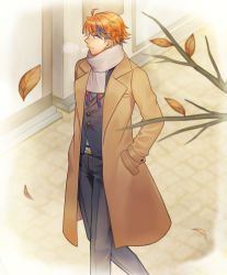 Rule 34 | 1boy, anmochi, autumn leaves, beige scarf, belt, black pants, brown jacket, from above, hands in pockets, highres, holostars, jacket, leaf, falling leaves, looking to the side, male focus, multicolored hair, orange hair, pants, purple eyes, purple hair, scarf, solo, streaked hair, vest, virtual youtuber, walking, yukoku roberu