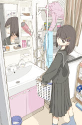 Rule 34 | 1girl, basket, black eyes, black hair, black sailor collar, black serafuku, black shirt, black skirt, blouse, blue socks, blunt bangs, commentary request, curtains, faucet, flat color, from side, frown, hair ornament, hairclip, highres, holding, holding basket, indoors, laundry, laundry basket, long sleeves, looking at viewer, looking to the side, mirror, no shoes, original, parted lips, pleated skirt, puffy long sleeves, puffy sleeves, reflection, sailor collar, school uniform, serafuku, shirt, sink, skirt, sleeves past wrists, socks, solo, standing, top-load washing machine, trash bag, usui harusame, v-shaped eyebrows, washing machine, x hair ornament