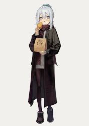 Rule 34 | 1girl, absurdres, bag, black coat, black pantyhose, boots, bright pupils, coat, cross-shaped pupils, food, full body, green eyes, green scrunchie, grey hair, grey shirt, hair between eyes, hair ornament, hair scrunchie, hand up, highres, holding, holding bag, holding food, korean text, long coat, long sleeves, looking at viewer, medium hair, open mouth, original, pantyhose, paper bag, purple scarf, scarf, scrunchie, second-party source, shirt, sidelocks, simple background, solo, standing, symbol-shaped pupils, taiyaki, translation request, wagashi, white background, white pupils, yoon cook