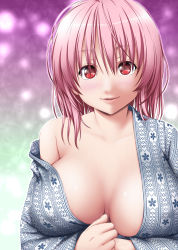 Rule 34 | 1girl, alternate costume, blush, breasts, closed mouth, gradient background, green background, highres, japanese clothes, kimono, large breasts, light particles, lips, long sleeves, looking at viewer, no bra, nori tamago, off shoulder, outline, own hands together, pink hair, pink lips, purple background, red eyes, saigyouji yuyuko, smile, solo, touhou, upper body, white outline