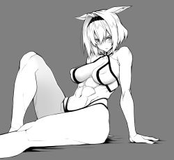 Rule 34 | 10mo, 1girl, animal ears, arm support, bikini, black hairband, breasts, caenis (fate), covered erect nipples, fate/grand order, fate (series), feet out of frame, grey background, greyscale, hair intakes, hairband, highleg, highleg bikini, large breasts, monochrome, muscular, muscular female, navel, reclining, short hair, solo, swimsuit, white hair