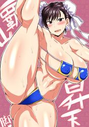 Rule 34 | 1girl, abs, artist request, ass, belly, blue bra, blue thong, blush, bra, breasts, brown eyes, brown hair, capcom, chun-li, cleavage, collarbone, covered erect nipples, double bun, earrings, hair bun, huge breasts, jewelry, leg up, looking at viewer, navel, open mouth, short hair, street fighter, sweat, thick thighs, thighs, thong, underwear