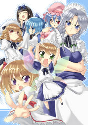 Rule 34 | 6+girls, :&lt;, :d, :p, arms up, bad id, bad pixiv id, black hair, blonde hair, blue eyes, blue hair, bow, braid, cirno, fairy, fairy maid (touhou), female focus, green eyes, hair bow, hat, izayoi sakuya, looking at viewer, luna child, maid, multiple girls, open mouth, outstretched arms, outstretched hand, perfect memento in strict sense, purple eyes, red eyes, remilia scarlet, ribbon, short hair, silver hair, smile, star sapphire, sunny milk, tongue, tongue out, touhou, twin braids, twintails, uemukai dai, uemuki dai, wings, wrist cuffs