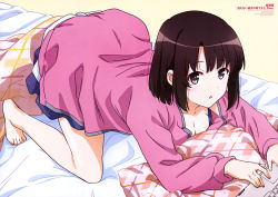 Rule 34 | 1girl, :o, absurdres, arched back, bed sheet, blanket, blue skirt, breasts, brown eyes, brown hair, cleavage, collarbone, computer, highres, indoors, katou megumi, keyboard (computer), kneeling, laptop, looking at viewer, medium breasts, miura ryuu, official art, on bed, open clothes, open mouth, open shirt, pillow, pink robe, robe, saenai heroine no sodatekata, shirt, short hair, skirt, solo, toes, typing, white shirt