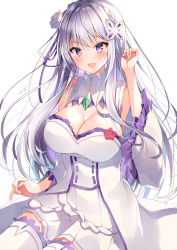 Rule 34 | 1girl, :d, absurdres, artist name, bare shoulders, blush, braid, breasts, cleavage, commentary request, crown braid, dress, emilia (re:zero), flower, frilled sleeves, frills, hair flower, hair ornament, hand up, highres, large breasts, long hair, long sleeves, looking at viewer, nenobi (nenorium), open mouth, partial commentary, purple eyes, re:zero kara hajimeru isekai seikatsu, rose, signature, silver hair, simple background, smile, solo, thighhighs, translated, white background, white dress, white flower, white rose, wide sleeves