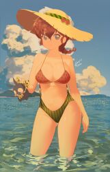 Rule 34 | 1girl, absurdres, animal, artist name, beach, bikini, blue eyes, blue sky, braid, braided ponytail, breasts, cleavage, cloud, day, food print, geraldjess1, hat, highres, holding, holding animal, large breasts, looking at viewer, mixed-language commentary, mountainous horizon, navel, ocean, outdoors, ranma 1/2, red hair, single braid, sky, smile, solo, standing, straw hat, swimsuit, wading, water, watermelon print
