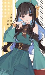 Rule 34 | 1388chan, 1girl, bare shoulders, beret, black hair, blue hair, bracelet, colored inner hair, dress, fate/grand order, fate (series), green dress, grey eyes, hat, highres, jewelry, long hair, looking at viewer, makeup, multicolored hair, nail polish, smile, solo, tenochtitlan (fate), two-tone hair, yellow nails