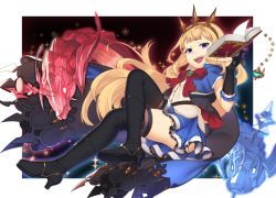 Rule 34 | 10s, 1girl, black footwear, black gloves, black thighhighs, blonde hair, blue skirt, book, boots, cagliostro (dark) (granblue fantasy), cagliostro (granblue fantasy), capelet, crossed legs, crown, floating hair, gloves, granblue fantasy, grin, headpiece, highres, lio (rumei2265874644), long hair, looking at viewer, open book, open mouth, partially fingerless gloves, purple eyes, skirt, smile, solo, star (symbol), teeth, thigh boots, thighhighs, thighs