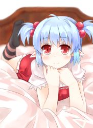 Rule 34 | 1girl, aa-rance, bad id, bad pixiv id, bed, blue hair, blurry, blush, depth of field, elf, hair bobbles, hair ornament, looking at viewer, lying, on stomach, original, pointy ears, red eyes, smile, socks, solo, striped clothes, striped socks, twintails