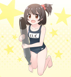 Rule 34 | 1girl, :d, bare shoulders, barefoot, black hair, brown eyes, cosplay, hair bobbles, hair ornament, highres, i-19 (kancolle) (cosplay), i-19 (kancolle), idolmaster, idolmaster million live!, kantai collection, nakatani iku, name tag, name connection, one-piece swimsuit, one side up, open mouth, pun, school swimsuit, short hair, side ponytail, smile, solo, swimsuit, torpedo, totokichi