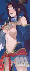 Rule 34 | 1girl, accidental exposure, armor, armpit crease, asymmetrical sleeves, black hair, blue eyes, blue panties, blush, breasts, clothes lift, cowboy shot, detached sleeves, fanning self, fate/grand order, fate (series), feather hair ornament, feathers, gluteal fold, hair ornament, highres, japanese armor, kusazuri, lifted by self, linea alba, long hair, looking at viewer, mazarimon, medium breasts, mismatched sleeves, motion blur, nipples, open mouth, panties, revealing clothes, side ponytail, solo, stomach, sweat, underwear, ushiwakamaru (fate), very long hair