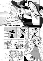 Rule 34 | :d, borrowed clothes, cirno, comic, cosplay, embodiment of scarlet devil, greyscale, hard-translated, hat, headwear switch, highres, kirisame marisa, kirisame marisa (cosplay), monochrome, non-web source, open mouth, rumia, smile, spell card, sweat, third-party edit, toto nemigi, touhou, translated, witch, witch hat, | |